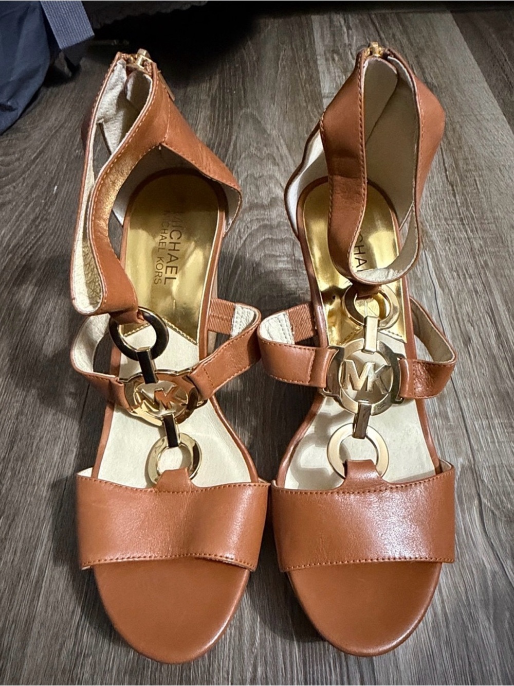 Michael Kors Brown Leather Open-Toe Heels with Gold MK Accent
